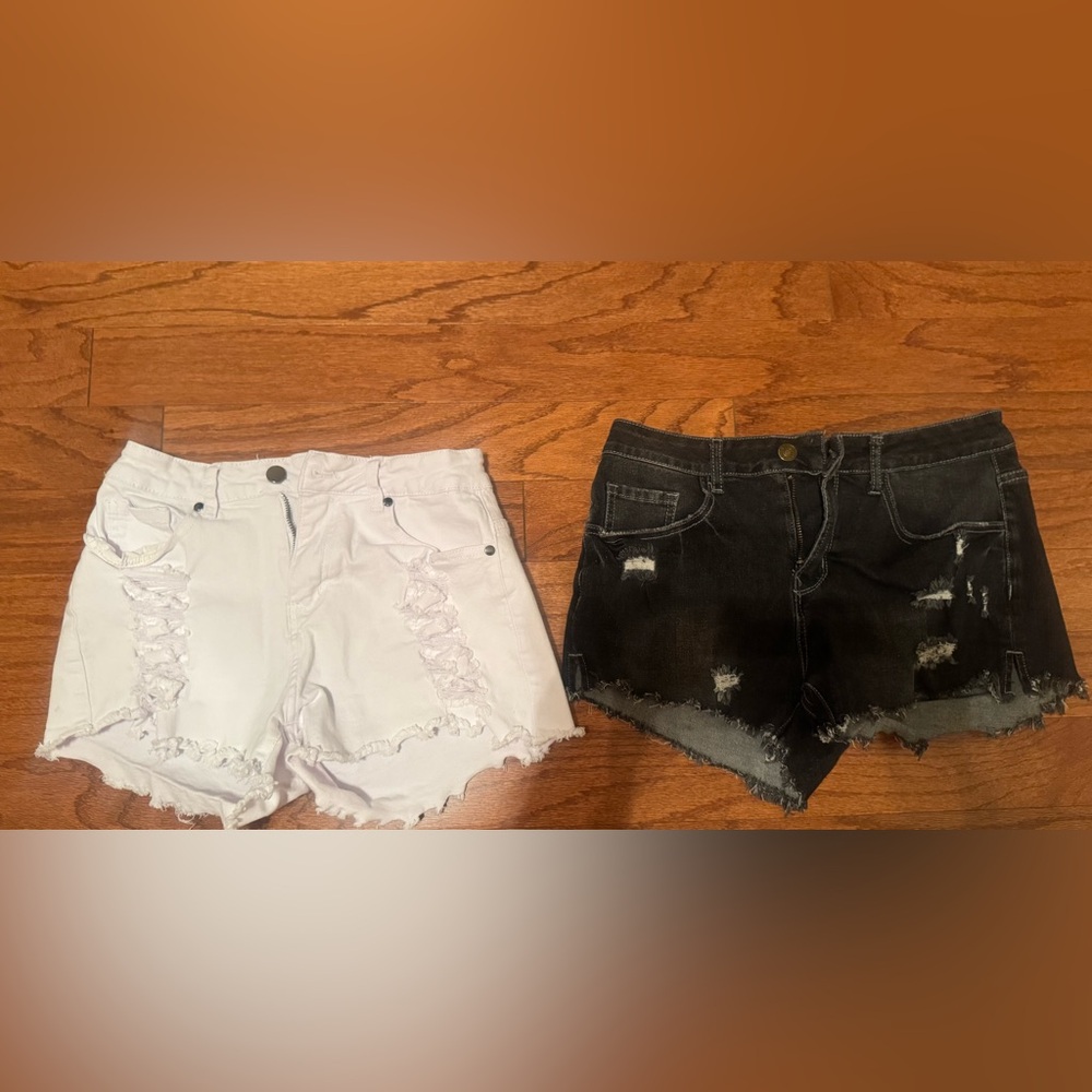 Women's Distressed Denim Shorts - Black and White